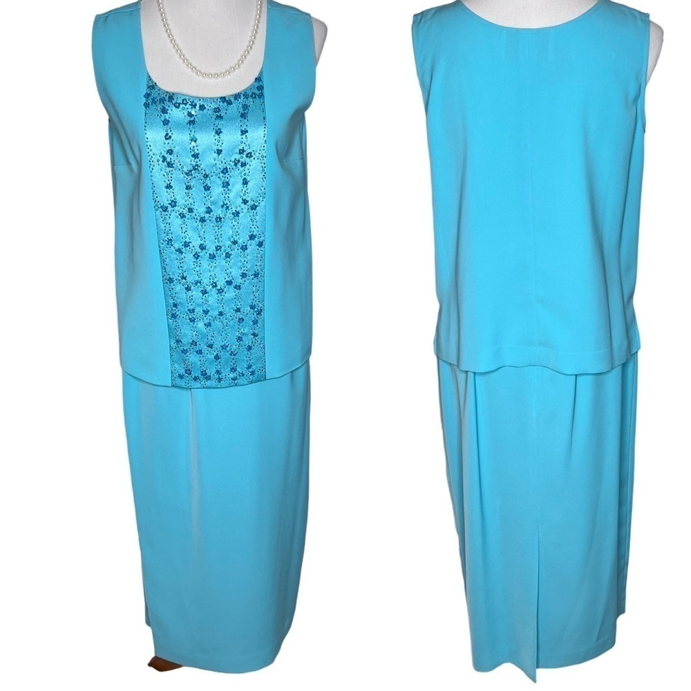 VTG Tania Bella Collection Blue Sleeveless Beaded Blouse Midi Skirt Suit Size 10